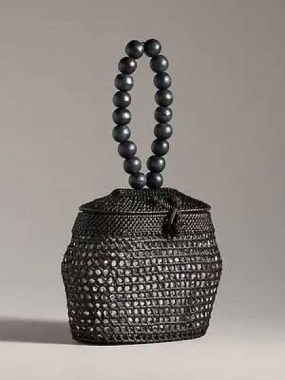 NWT new Anthropologie rattan Beaded Handle Woven Bucket Bag lines black